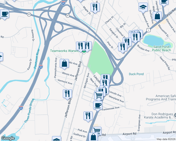 map of restaurants, bars, coffee shops, grocery stores, and more near 7 Michigan Avenue in Warwick