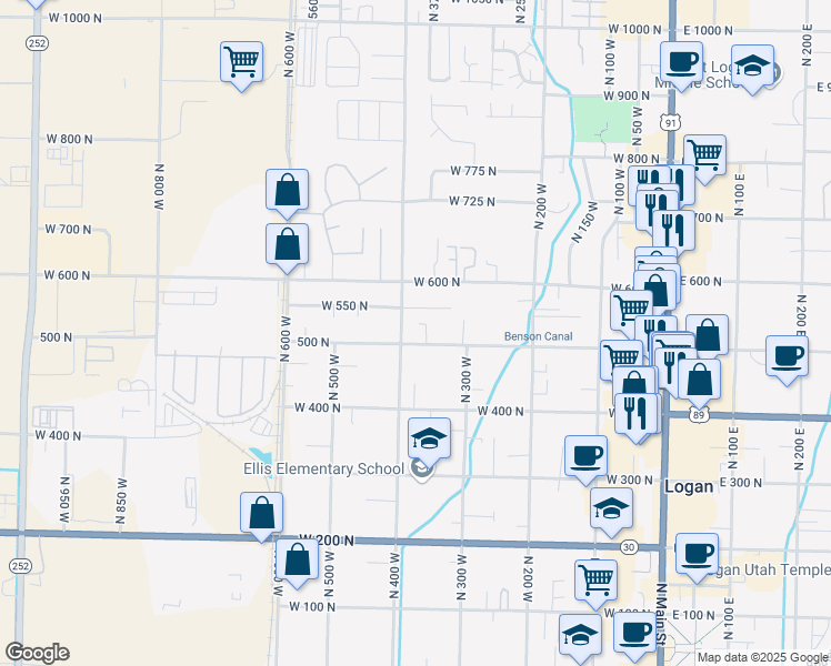 map of restaurants, bars, coffee shops, grocery stores, and more near 383 West 500 North in Logan