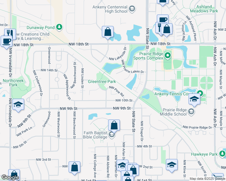 map of restaurants, bars, coffee shops, grocery stores, and more near 1801 Northwest Pine Road in Ankeny
