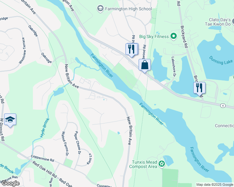 map of restaurants, bars, coffee shops, grocery stores, and more near 735 New Britain Avenue in Farmington