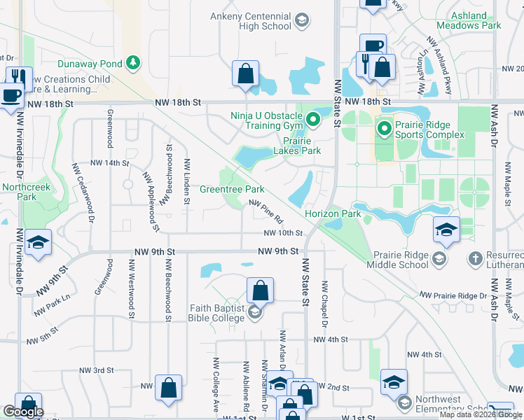 map of restaurants, bars, coffee shops, grocery stores, and more near 1748 Northwest Pine Road in Ankeny