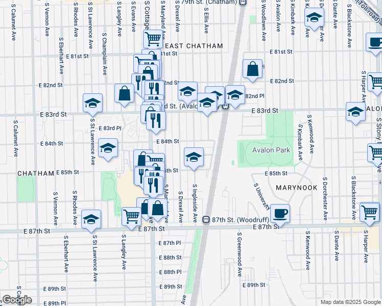 map of restaurants, bars, coffee shops, grocery stores, and more near 8422 South Ingleside Avenue in Chicago
