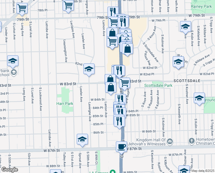 map of restaurants, bars, coffee shops, grocery stores, and more near 8307 Lamon Avenue in Oak Lawn