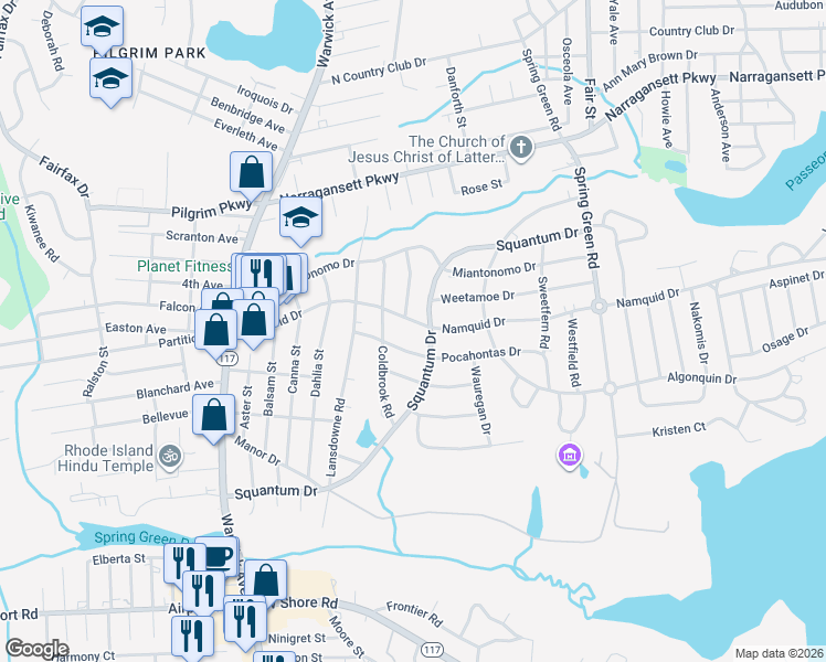 map of restaurants, bars, coffee shops, grocery stores, and more near 788 Namquid Drive in Warwick