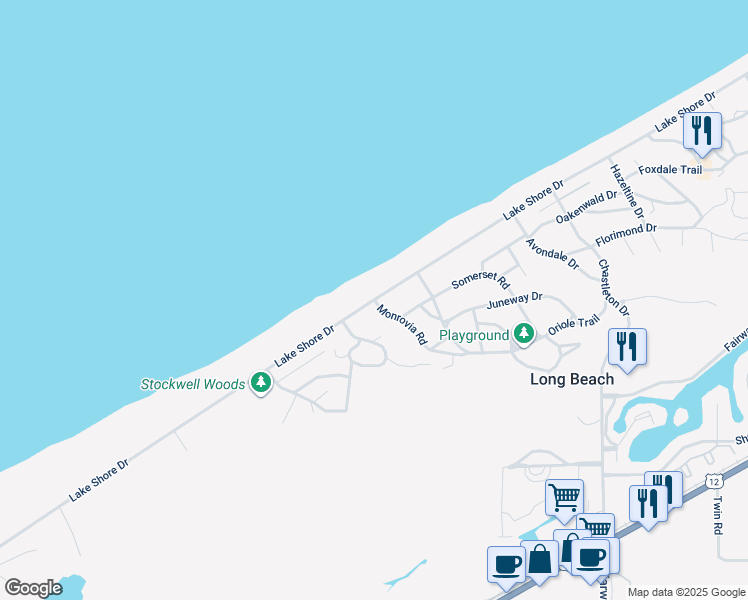 map of restaurants, bars, coffee shops, grocery stores, and more near 1900 Monrovia Drive in Long Beach
