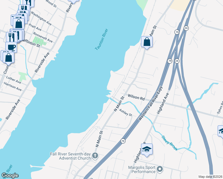 map of restaurants, bars, coffee shops, grocery stores, and more near 180 River Street in Fall River