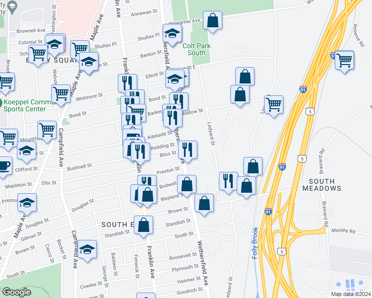 map of restaurants, bars, coffee shops, grocery stores, and more near 530 Wethersfield Avenue in Hartford