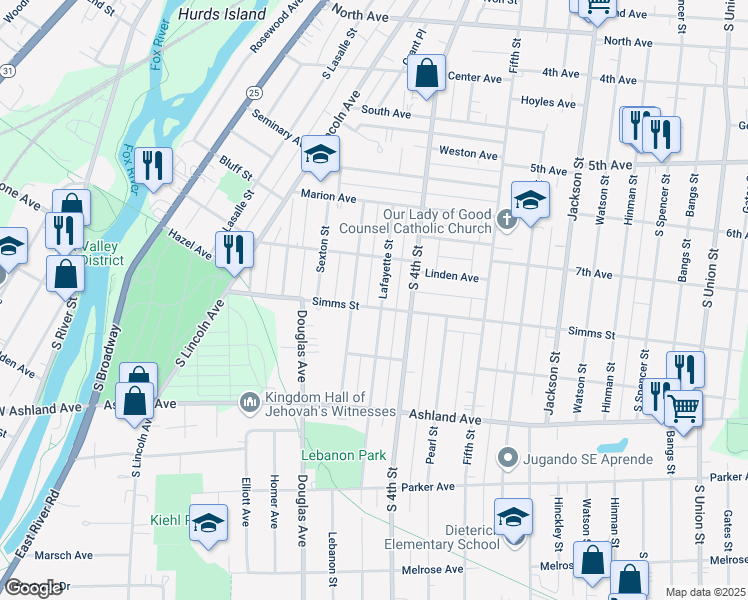 map of restaurants, bars, coffee shops, grocery stores, and more near 721 Lafayette Street in Aurora
