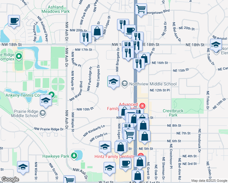 map of restaurants, bars, coffee shops, grocery stores, and more near 1302 North Ankeny Boulevard in Ankeny
