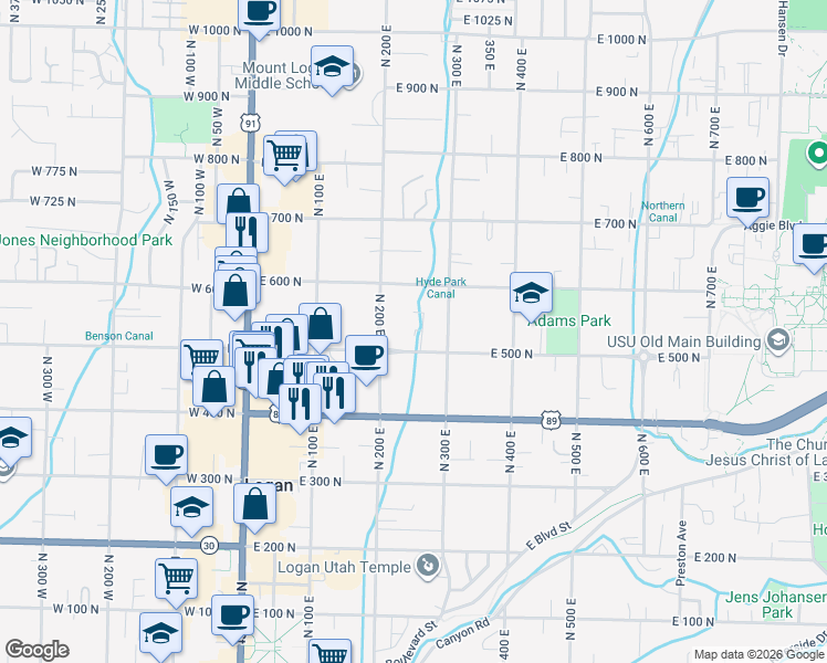 map of restaurants, bars, coffee shops, grocery stores, and more near 90 Brookside Place in Logan