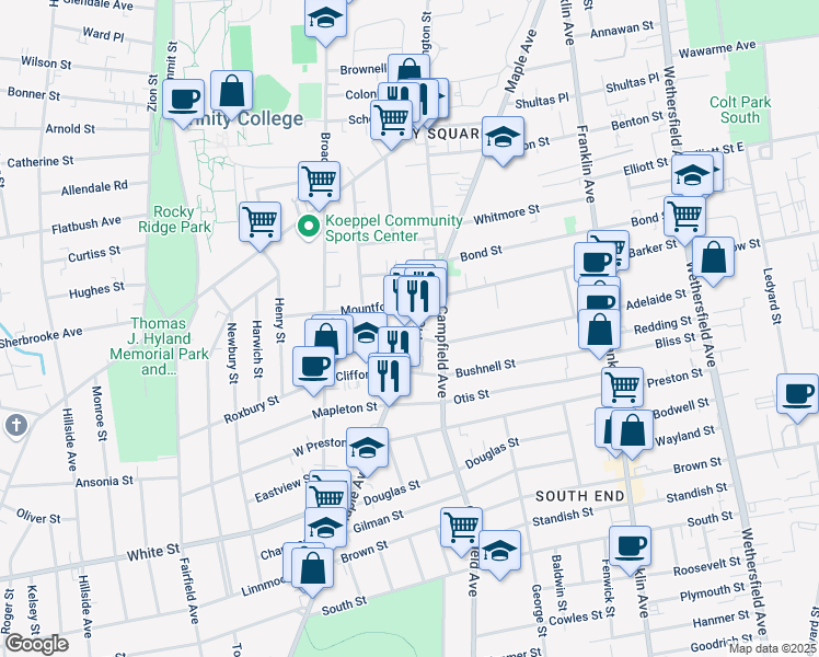 map of restaurants, bars, coffee shops, grocery stores, and more near 15 Mountford Street in Hartford