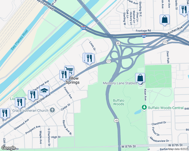 map of restaurants, bars, coffee shops, grocery stores, and more near 8000 Archer Avenue in Willow Springs
