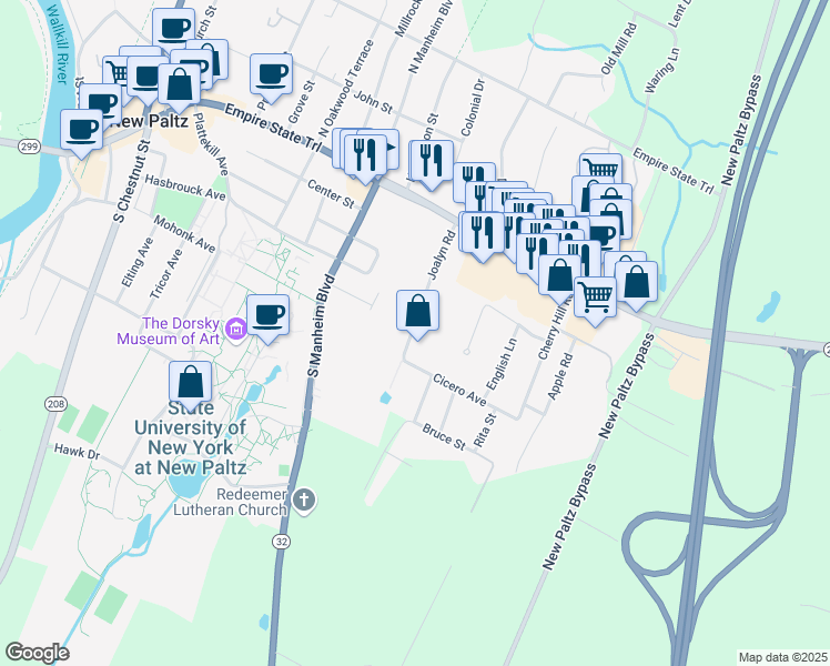 map of restaurants, bars, coffee shops, grocery stores, and more near 25 Orchard Heights in New Paltz