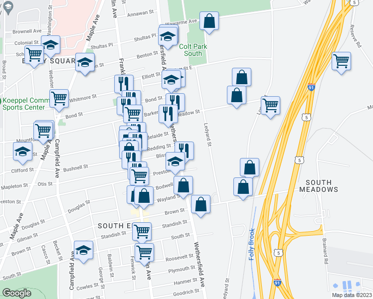 map of restaurants, bars, coffee shops, grocery stores, and more near 510 Wethersfield Avenue in Hartford