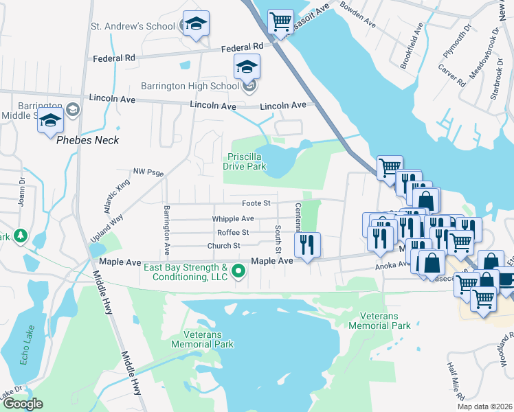 map of restaurants, bars, coffee shops, grocery stores, and more near 143 Foote Street in Barrington