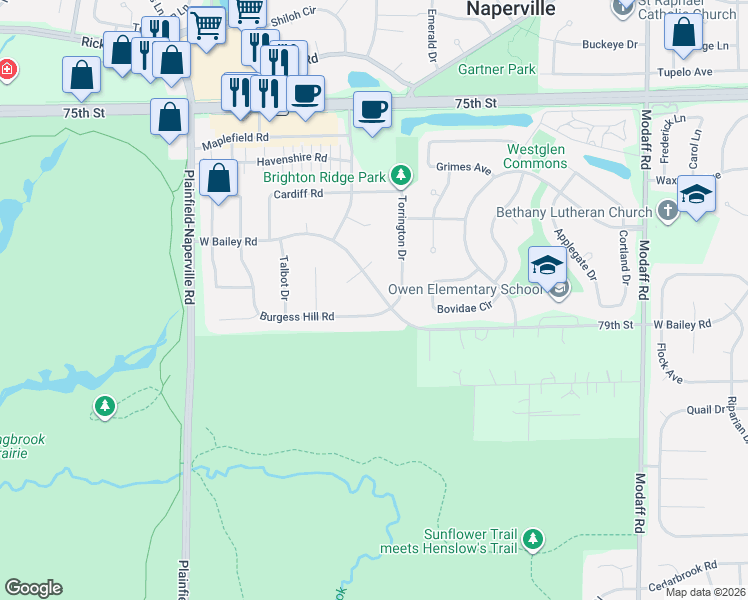map of restaurants, bars, coffee shops, grocery stores, and more near 912 West Bailey Road in Naperville