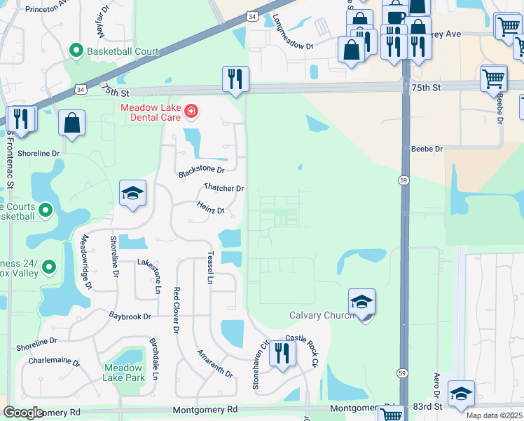 map of restaurants, bars, coffee shops, grocery stores, and more near 4144 Calder Lane in Aurora