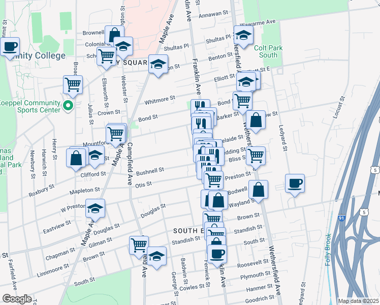 map of restaurants, bars, coffee shops, grocery stores, and more near 109 Adelaide Street in Hartford