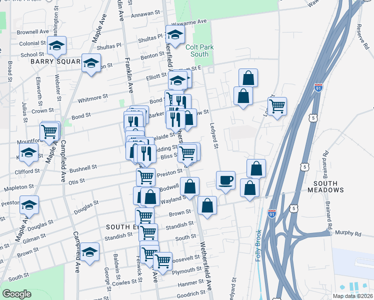 map of restaurants, bars, coffee shops, grocery stores, and more near 510 Wethersfield Avenue in Hartford