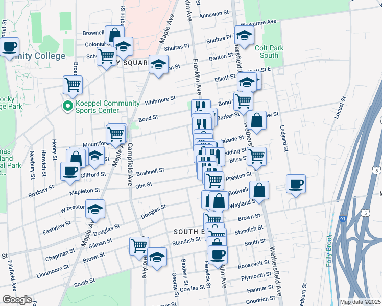 map of restaurants, bars, coffee shops, grocery stores, and more near 116 Adelaide Street in Hartford