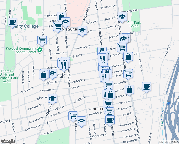 map of restaurants, bars, coffee shops, grocery stores, and more near 148 Adelaide Street in Hartford