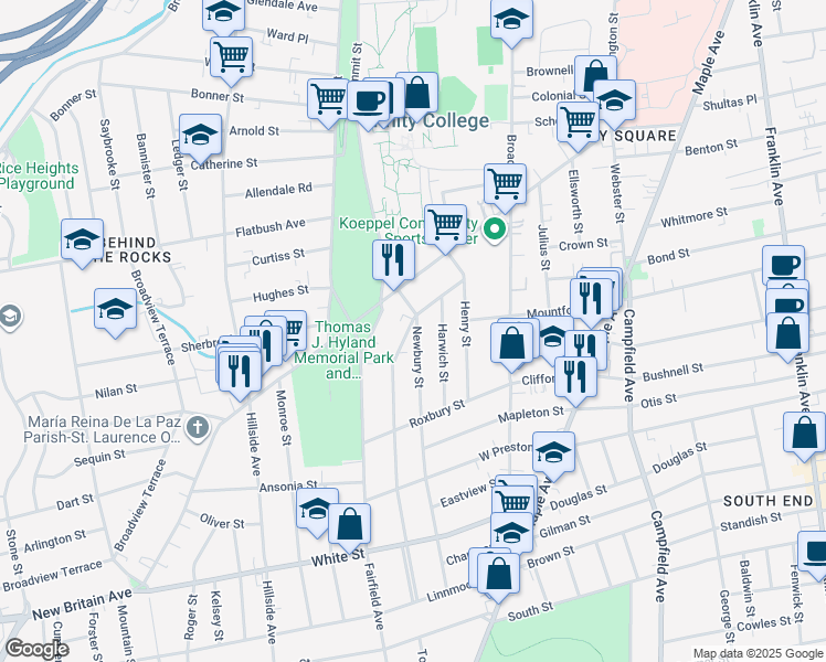 map of restaurants, bars, coffee shops, grocery stores, and more near 8 Fairfield Avenue in Hartford