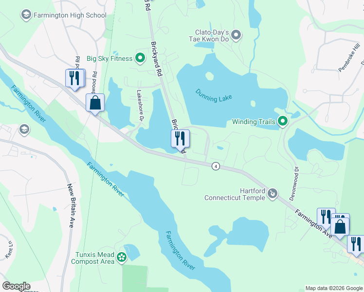 map of restaurants, bars, coffee shops, grocery stores, and more near 17 Brickyard Road in Farmington
