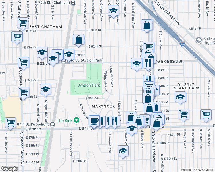 map of restaurants, bars, coffee shops, grocery stores, and more near 8406 South Kimbark Avenue in Chicago