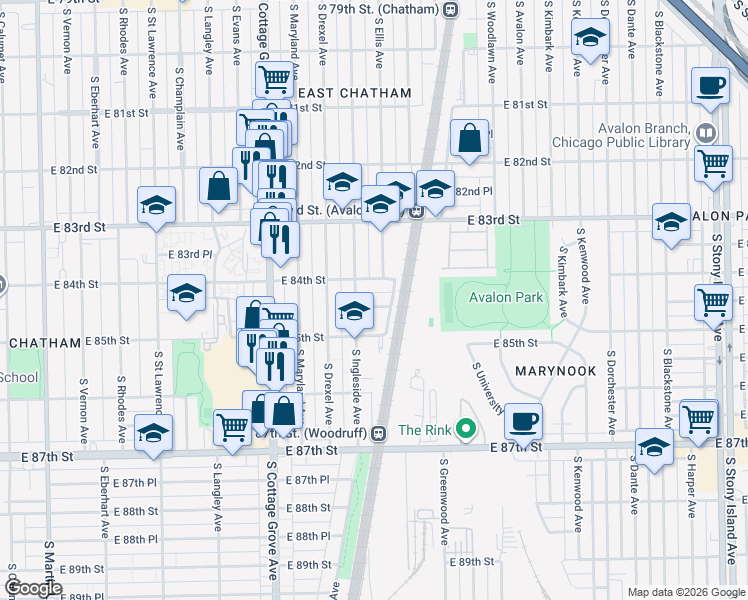 map of restaurants, bars, coffee shops, grocery stores, and more near 1005 East 84th Street in Chicago