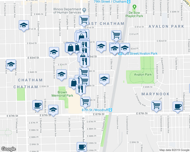 map of restaurants, bars, coffee shops, grocery stores, and more near 851 East 84th Street in Chicago
