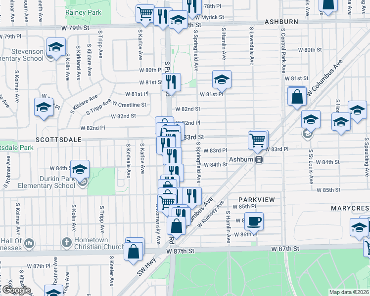 map of restaurants, bars, coffee shops, grocery stores, and more near 3919 West 83rd Street in Chicago