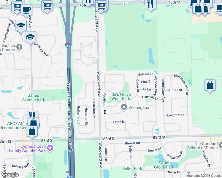 map of restaurants, bars, coffee shops, grocery stores, and more near 1921 Egerton Court in Woodridge
