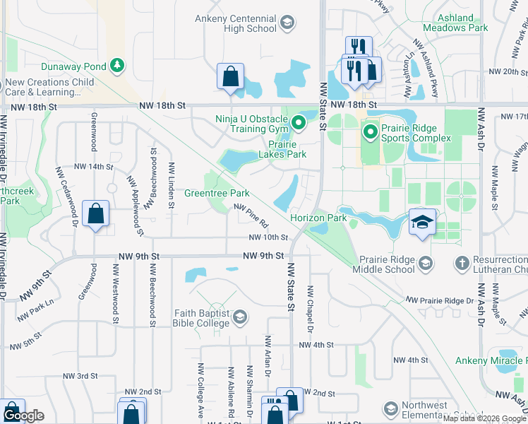 map of restaurants, bars, coffee shops, grocery stores, and more near 1311 Northwest Shoreline Court in Ankeny