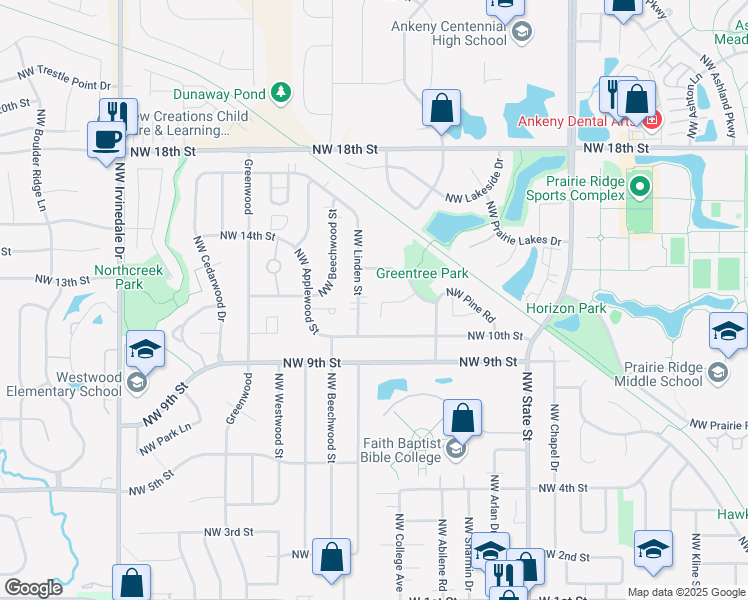 map of restaurants, bars, coffee shops, grocery stores, and more near 2021 Northwest Hickory Lane in Ankeny