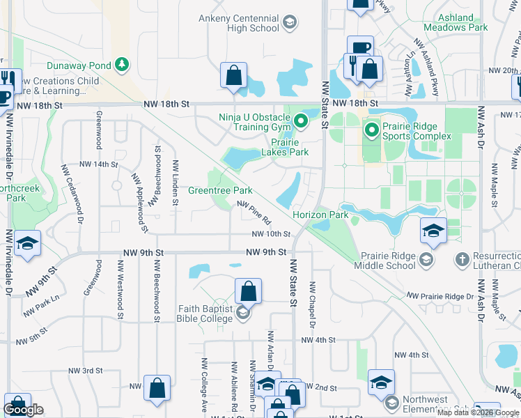 map of restaurants, bars, coffee shops, grocery stores, and more near 1724 Northwest Pine Road in Ankeny
