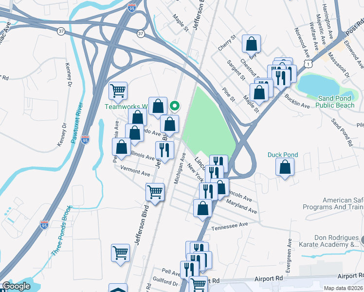 map of restaurants, bars, coffee shops, grocery stores, and more near 7 Michigan Avenue in Warwick