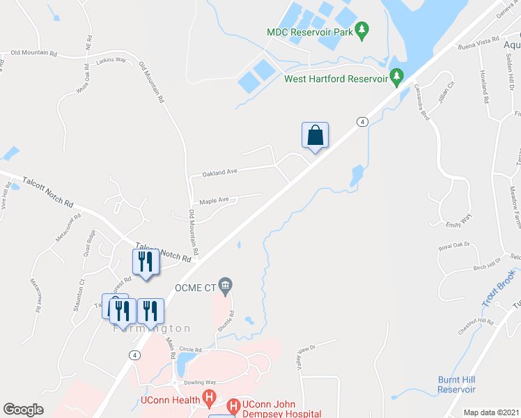 map of restaurants, bars, coffee shops, grocery stores, and more near 128 Farmington Avenue in Farmington