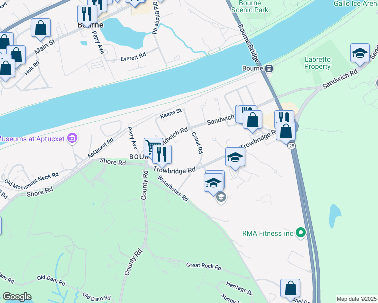 map of restaurants, bars, coffee shops, grocery stores, and more near 85 Cotuit Rd in Buzzards Bay