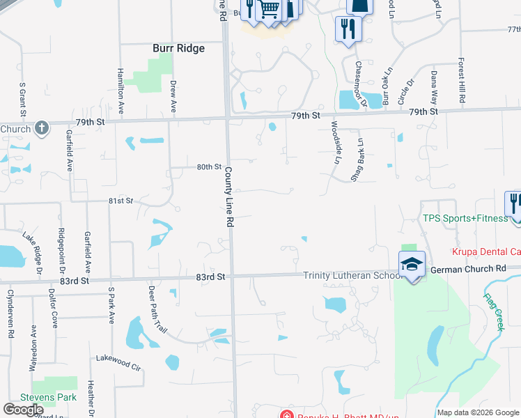 map of restaurants, bars, coffee shops, grocery stores, and more near 11813 Cross Creek Court in Burr Ridge