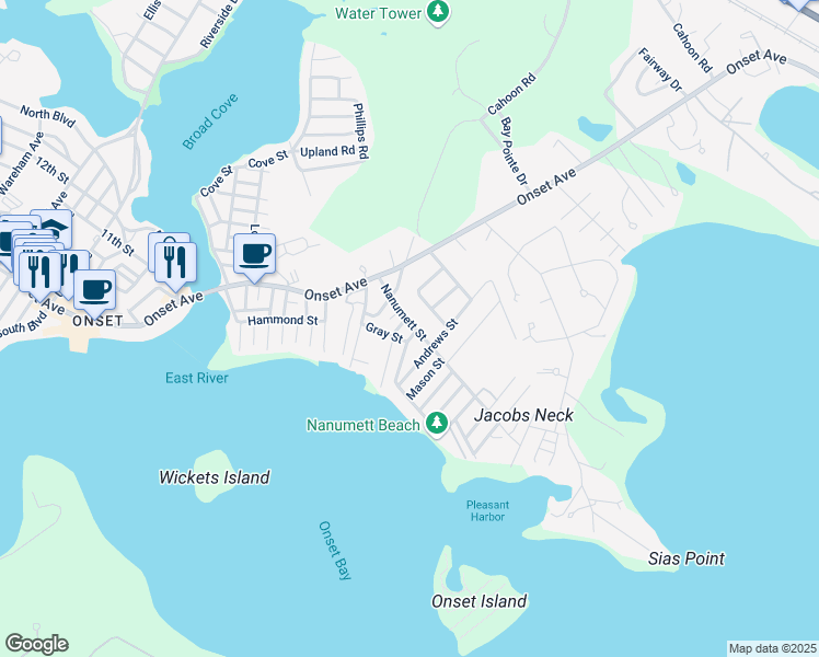 map of restaurants, bars, coffee shops, grocery stores, and more near 1 Cross Street in Wareham