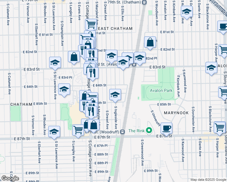 map of restaurants, bars, coffee shops, grocery stores, and more near 8402 South Ingleside Avenue in Chicago