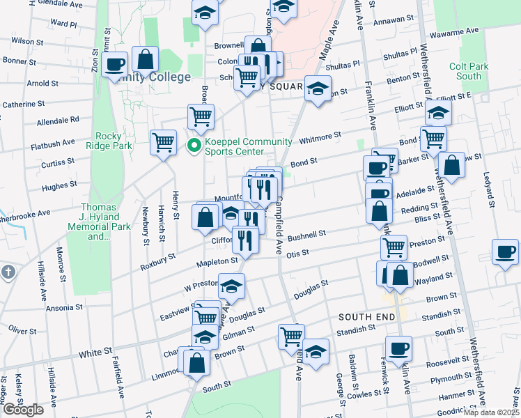 map of restaurants, bars, coffee shops, grocery stores, and more near 691 Maple Avenue in Hartford
