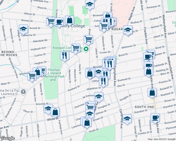 map of restaurants, bars, coffee shops, grocery stores, and more near 1877 Broad Street in Hartford