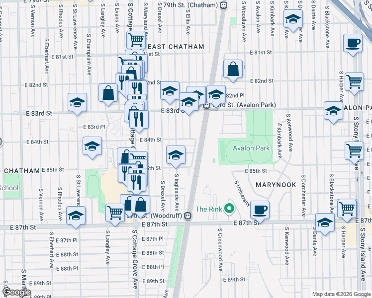map of restaurants, bars, coffee shops, grocery stores, and more near 1005 East 84th Street in Chicago