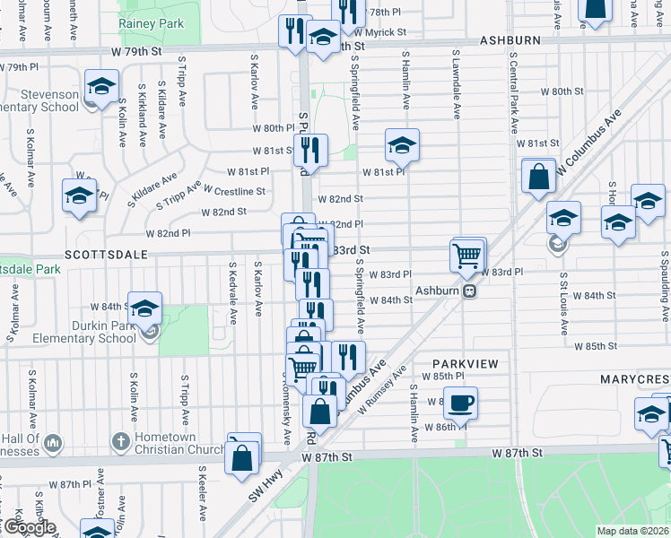 map of restaurants, bars, coffee shops, grocery stores, and more near 3919 West 83rd Street in Chicago