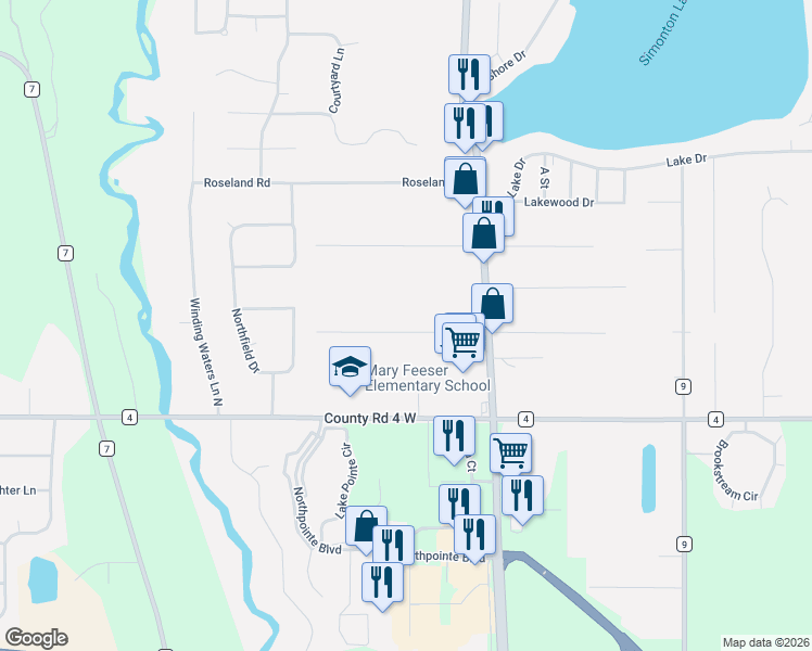 map of restaurants, bars, coffee shops, grocery stores, and more near 26557 Parkview Avenue in Elkhart