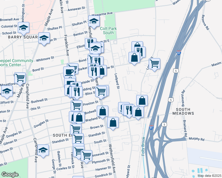 map of restaurants, bars, coffee shops, grocery stores, and more near 241 Ledyard Street in Hartford