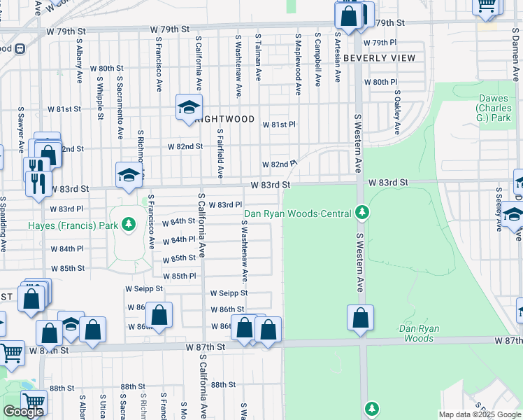 map of restaurants, bars, coffee shops, grocery stores, and more near 2620 West 83rd Place in Chicago