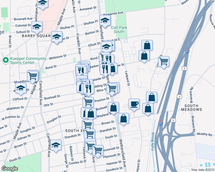 map of restaurants, bars, coffee shops, grocery stores, and more near 510 Wethersfield Avenue in Hartford