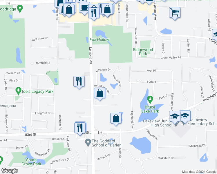 map of restaurants, bars, coffee shops, grocery stores, and more near 2734 Woodmere Drive in Darien